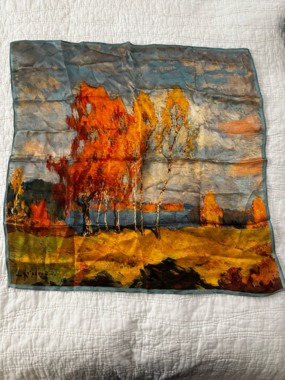 Silk Autumn Landscape Scarf Orange & Blue